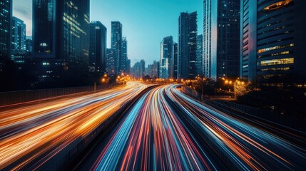 Smart city concept depicted through light trails creating data streams in an urban setting during twilight