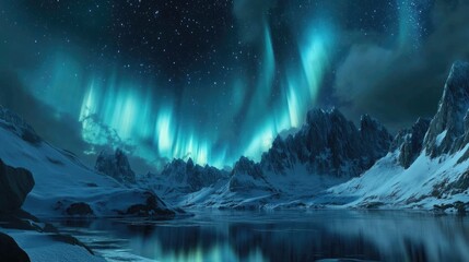 Vibrant northern lights illuminating a serene lake and snow covered mountains Enchanting panoramic winter landscape featuring the Aurora Borealis against a starry night sky
