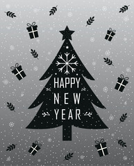 Happy new year postcard design with christmas tree gifts and snowflakes