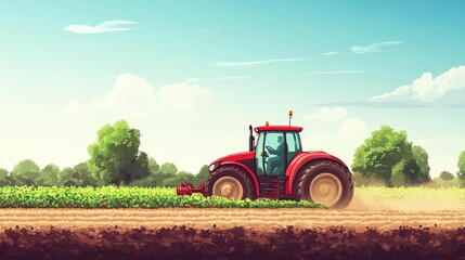 Obraz premium Farmer operating a tractor with a planting implement to cultivate potatoes in rich agricultural fields
