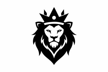 A Lion head logo with wearing crown, silhouette black simple vector art illustration