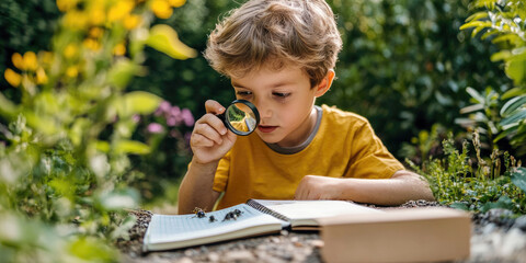 Young boy in yellow shirt examining insects with a magnifying glass in a garden, next to an open notebook, representing exploration and curiosity in nature.