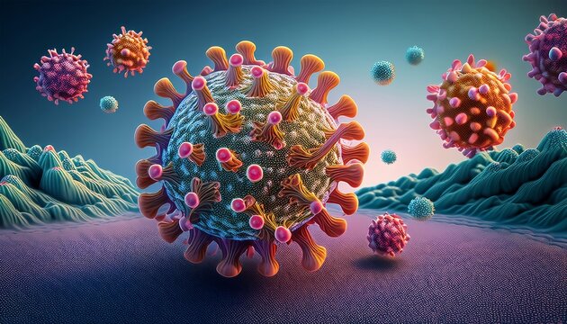 Covid-19 particles, surrounded by a cellular environment. Infection of FLiRT, XEC, virus molecules, dynamic microscopic scene emphasize the spread and impact of the coronavirus epidemic, pandemic