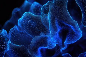 Bioluminescent sea algae texture glowing in the dark with neon blue patterns