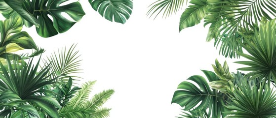 Lush Green Tropical Leaves Bordering a White Background