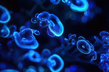 Obraz premium Bioluminescent sea algae texture glowing in the dark with neon blue patterns