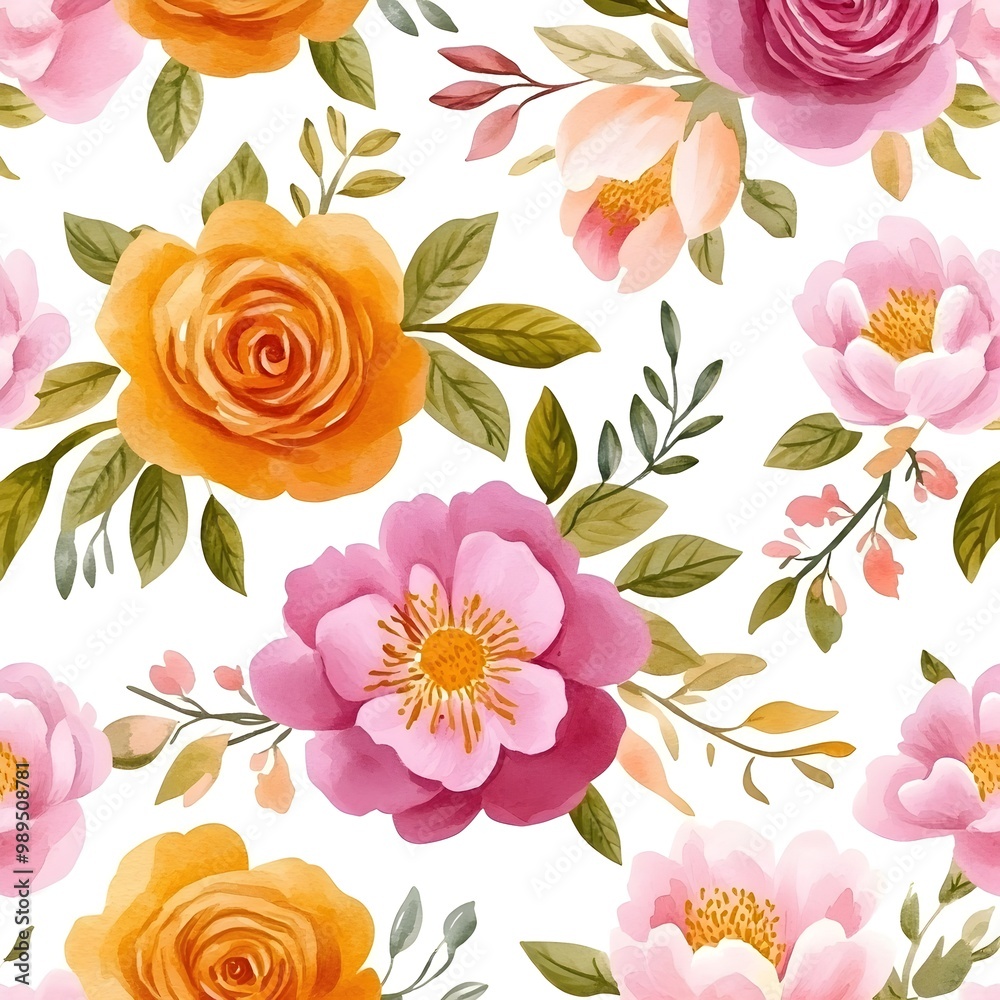 Wall mural watercolor floral seamless pattern with pink and orange roses