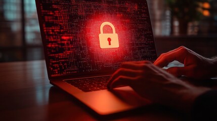 importance of cyber security - danger of cyber-attacks, laptop on desk in modern office with red glow and a padlock on the screen, Ai