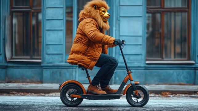 Portrait of weird authentic guy in lion mask, Creative guy wearing lion mask pointing at empty space.