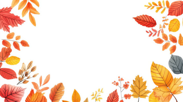 Watercolor autumn leaves frame on a white background with vibrant orange and red foliage creating a seasonal design
