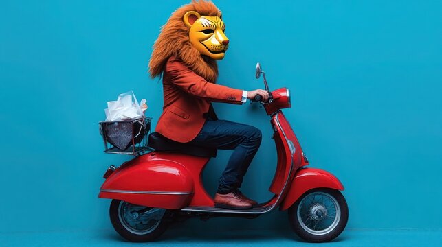 Portrait of weird authentic guy in lion mask, Creative guy wearing lion mask pointing at empty space.