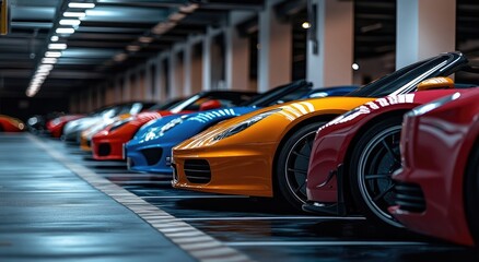 Fototapeta premium Vibrant Sports Cars Parked in Garage with Shiny Surface