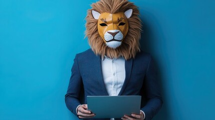 Portrait of weird authentic guy in lion mask, Creative guy wearing lion mask pointing at empty space.