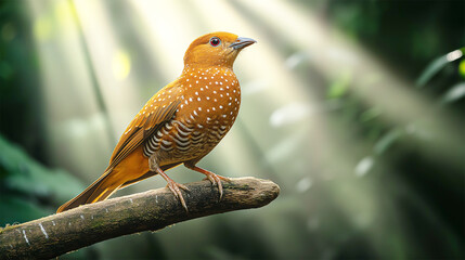 Guiana songbird perched on branch in sunlit forest, vibrant endangered species in the wild