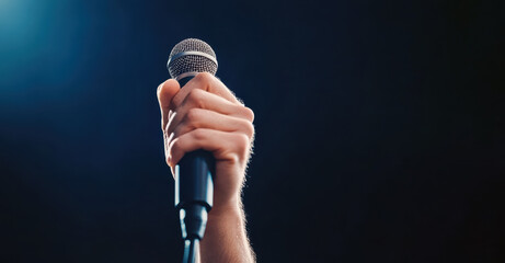 Close-up of a hand holding a microphone against a dark background, symbolizing public speaking and...