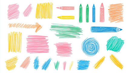 Colorful hand-drawn vector elements of crayons and pencils with vibrant strokes and textures for artistic and creative designs.