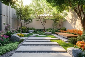 Obraz premium modern courtyard, marble bench, beige background walls, flowers, grass, trees, stones,