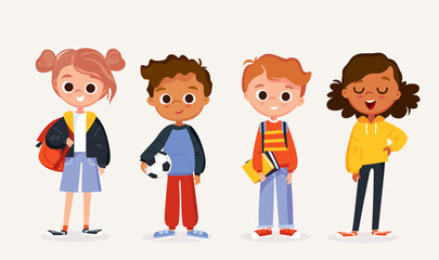 Set of school kids with school supplies.School characters with books and backpacks. Collection of preschoolers, children. Kid's activities. Studying and doing sports.