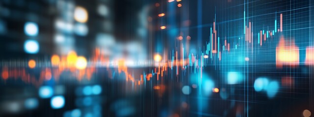 Fototapeta premium Digital financial data visualization of fluctuating stock market trends and analytics in an abstract city background