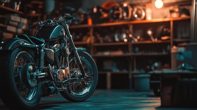 Classic Motorcycle in Garage with Shelves of Parts - Powered by Adobe
