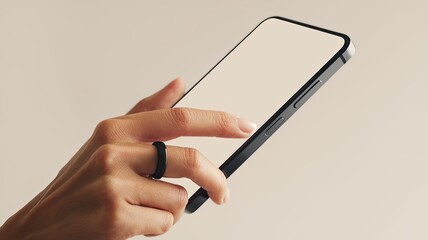 A high-quality studio shot of a close-up of a woman's hand holding a modern, black frameless smartphone mockup with a blank white screen. The smartphone is isolated on a white background. The woman's 