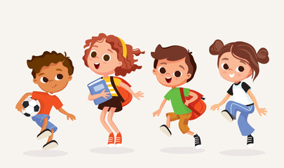 Set of kids. Children and preschoolers. International students. Happy children with school backpacks and books jumping and playing.