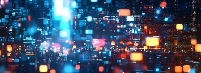 Fototapeta premium Abstract digital background with blurred city lights and glowing blocks of...