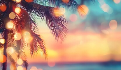 Blurred tropical beach background with palm trees and bokeh lights. Summer...