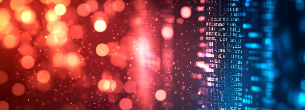 Digital background featuring a series of pixelated code blocks on the right,...