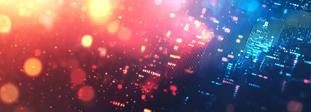 Digital background featuring a series of pixelated code blocks on the right,...