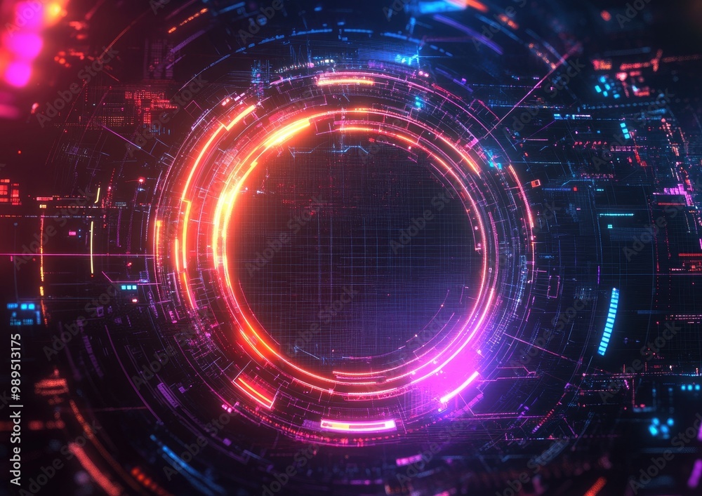Wall mural global technology network featuring a circular neon light effect in a 2d cartoon style background
