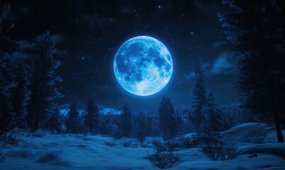 Full moon with a blue hue shining brightly in the winter night sky