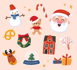 Set of Christmas elements. Santa Claus smiling. Cartoon snowman, reindeer, teddy bear, gingerbread men.