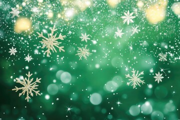 Charming winter holiday backdrop featuring delicate snowflakes and stars on a festive green background Elegant snowfall overlay template in a square 2D cartoon style
