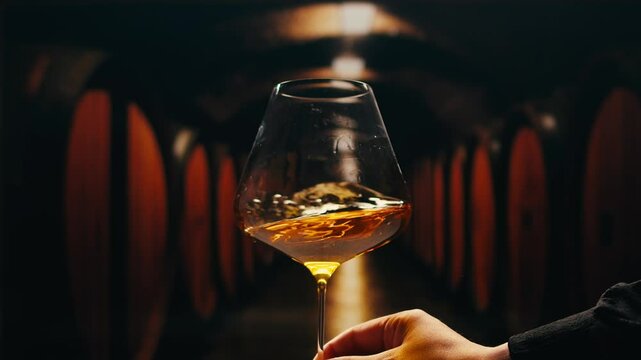 Orange or white wine bottle and glass against a sunset in a peaceful vineyard, pouring of ecological natural wine. 