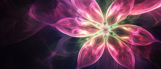 Vibrant high resolution fractal background featuring a detailed abstract flower star with four petals showcasing shades of pink purple and green