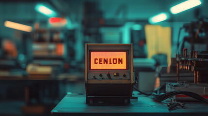 Vintage electronic display in a dimly lit workshop showcases the name Cenlon