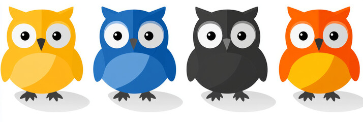 Four cartoon owls in different colors.