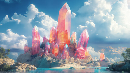 A captivating illustration of an exquisite crystal and flowers. Set against a backdrop of floating islands and a lush, fantastical landscape