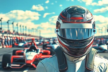 Fototapeta premium Race car driver wearing helmet standing on track with cars behind