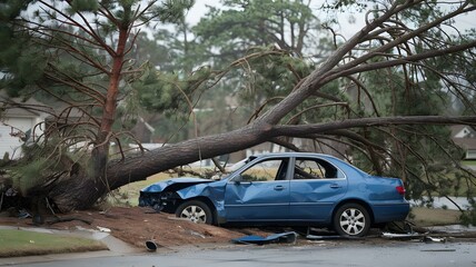Devastating Impact: A Blue Sedan Crushed by a Fallen Tree After a Storm, Reflecting the Power of Nature's Fury in Urban Landscapes