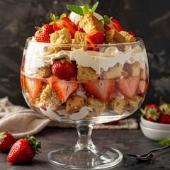 This delightful dessert showcases layers of strawberries, cake pieces, and whipped cream, beautifully presented in a clear glass bowl, ideal for summer celebrations