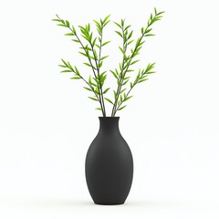 Black vase with green leaves, minimalist decoration.