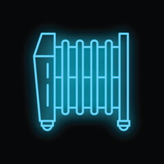 Neon blue glowing outline icon of an oil filled radiator heater on a black background