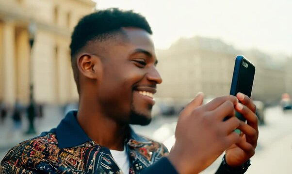 Haitian Man Smiling with Mobile Phone in Paris Streets
