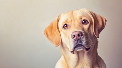 A playful Lab Pei dog with a shiny coat, looking curiously at the camera against a soft pastel backdrop