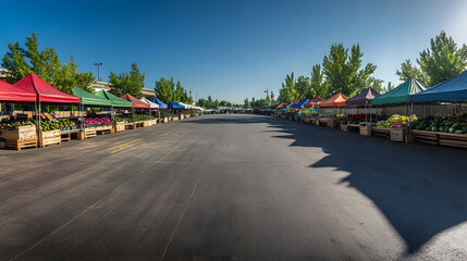 Obraz premium An empty American farmers market lot vendors tents folded and no customers in sight.