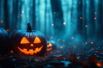 Glowing jack-o'-lanterns in a misty forest during Halloween night