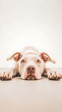 A playful Labrabull dog lying down with its paws stretched out, surrounded by a minimalistic light-colored background