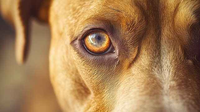 A close-up of a Labrabull dog face, highlighting its unique features and warm eyes against a soft pastel backdrop
